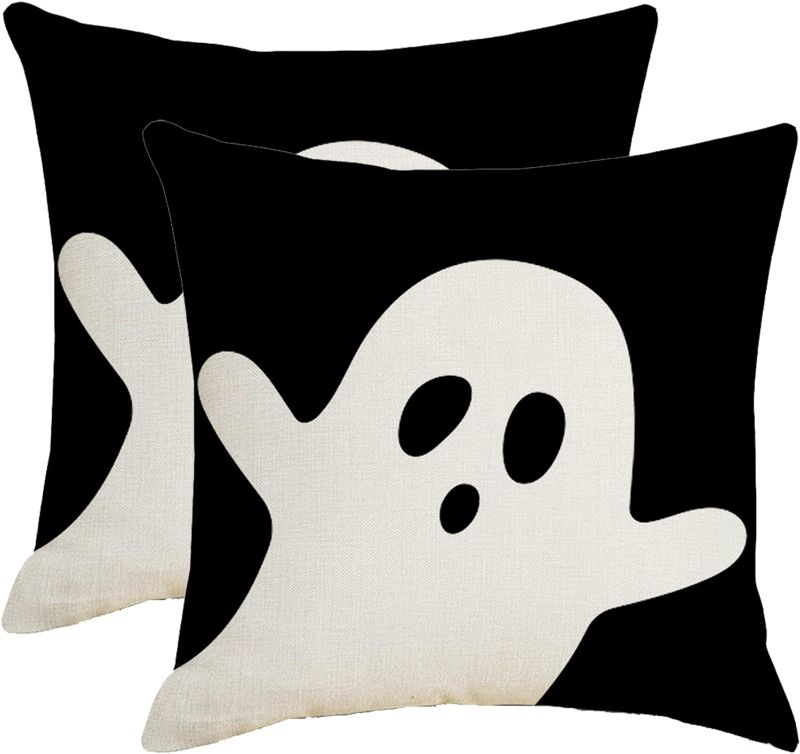 Photo 1 of Aitukang Halloween Pillow Covers 16x16 Set of 2,White Ghost Decor Black Throw Pillow Cover Linen Cushion Case for Home Sofa Couch Indoor Outdoor Halloween Decoration
