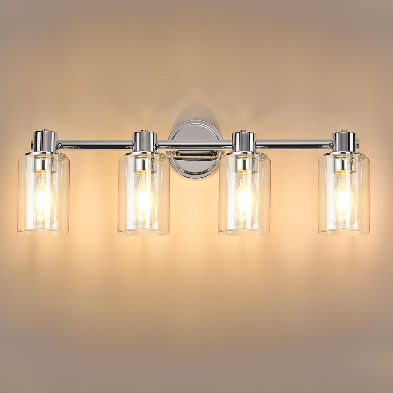 Photo 1 of ALAISLYC 4 Light Bathroom Wall Light Fixtures Chrome Bathroom Wall Sconce with Clear Glass Lights Over Mirror Vanity Lights E26 Base
