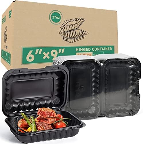 Photo 1 of LEOBOX To Go Containers, BPA-Free Plastic Take Out Boxes with Lids 50-Pack 27oz Black Reusable Meal Prep Container for Food Storage Takeout, Hinged Clamshell Design for To-Go Lunch Salad Breakfast
