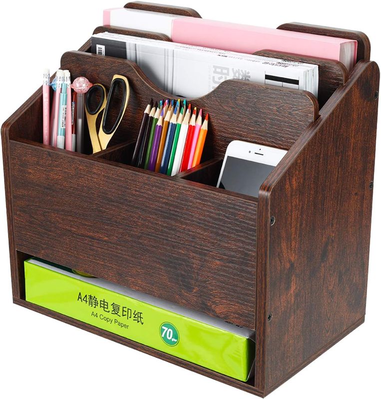 Photo 1 of PAG Office Supplies Desk Organizer Wood File Mail Sorter Paper Pen Holder Magazine Rack, Brown
