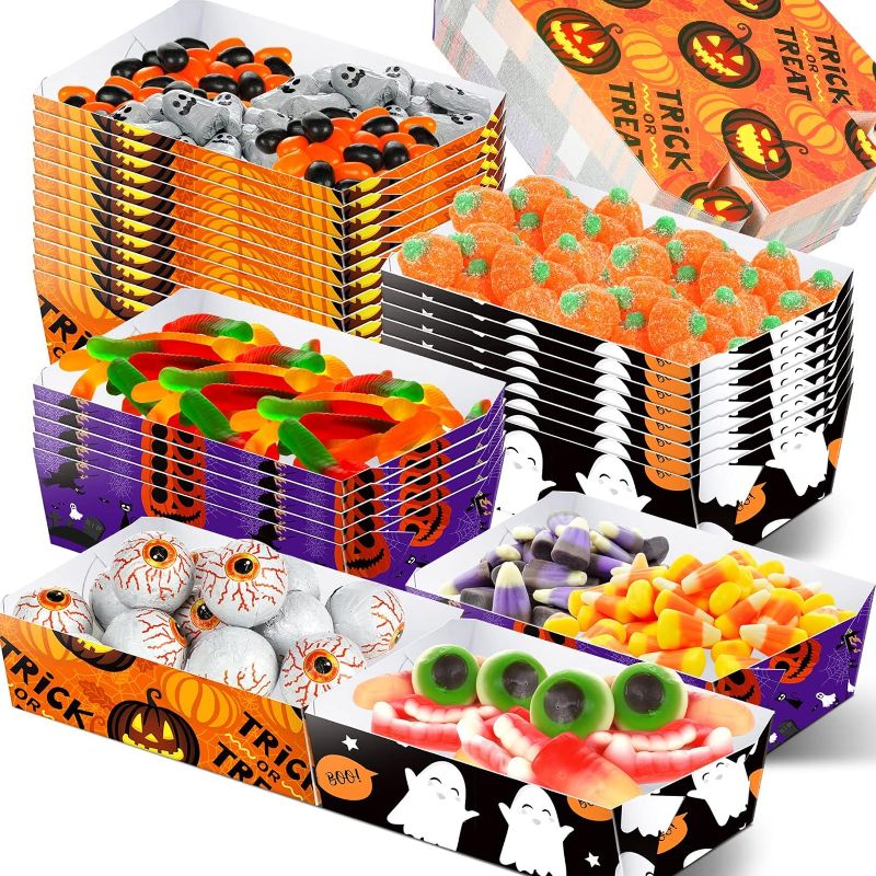 Photo 1 of 120 Pieces Halloween Paper Food Trays Nacho Trays Halloween Treat Snack Candy Holder Trays Disposable Serving Trays for Halloween Decorations Trick or Treat Party Supplies(5.12 x 3.23 x 1.65 Inches)
