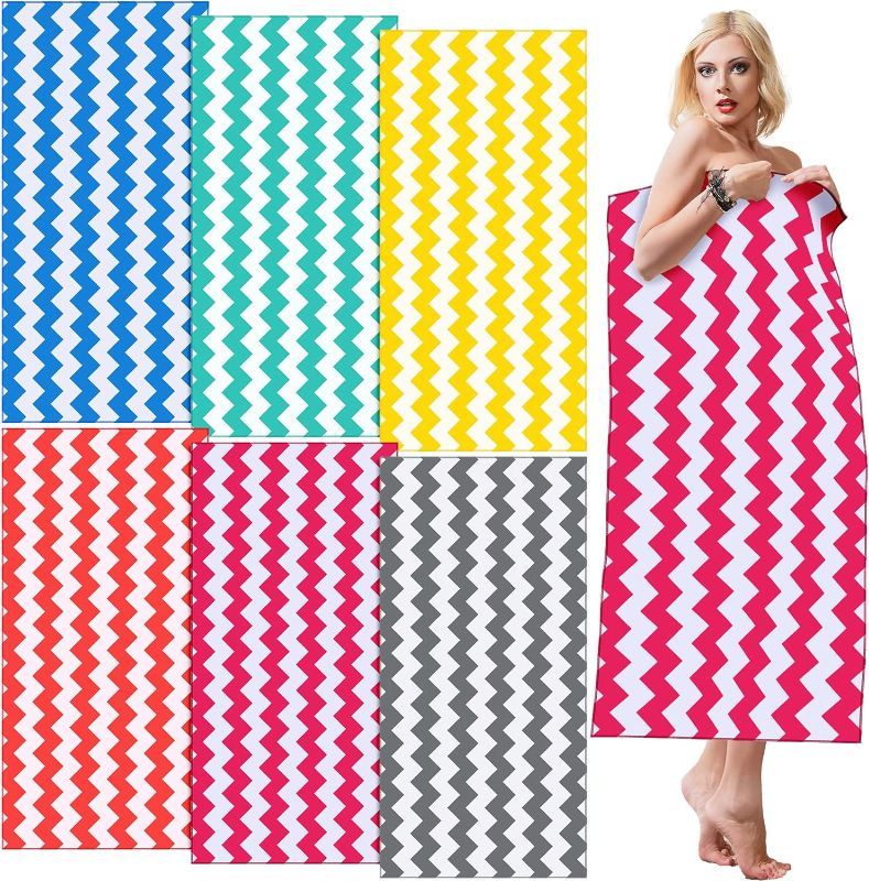 Photo 1 of 12 Pcs Microfiber Beach Towel Set, 63 x 31.5 Inch Oversize Quick Dry Towel Sand Free Striped Beach Towel Bulk Highly Absorbent and Soft Lightweight Beach Towel Set for Kids Adults Swimming Travel Yoga
