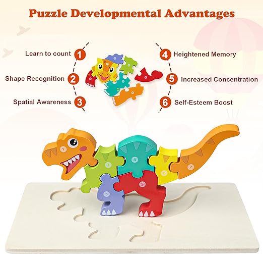Photo 1 of  4 Pack Dinosaur Puzzles for Kids Ages 3-5 - Montessori Toys for 2 Year Old - Toddler Wooden Puzzles Gifts for Toddlers Age 2-4 Boys Girls
