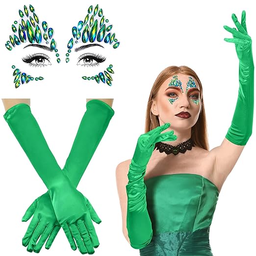 Photo 1 of Jeyiour 2 Pcs Green Halloween Costume Accessories Set Face Gems Jewels Stick on and Stretchy Long Opera Party Gloves Makeup Rhinestone Tattoo Sticker for Party Carnival Cosplay (Fingered)
