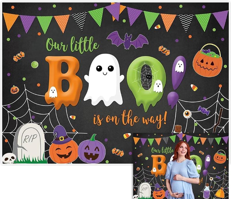 Photo 1 of Allenjoy 7x5ft Halloween Little Boo Baby Shower Party Backdrop Children Cartoon Ghost Pumpkin Candys Decoration Witch Background Cake Table Banner Decor Supplies Photography Photo Portrait Booth Props
