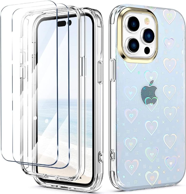 Photo 1 of Hocase for iPhone 14 Pro Max Case with Screen Protector, Shockproof Protection Slim Soft TPU PC Hybrid Full Body Protective Case for iPhone 14 Pro Max (6.7") 2022 - Clear/Holographic Love
