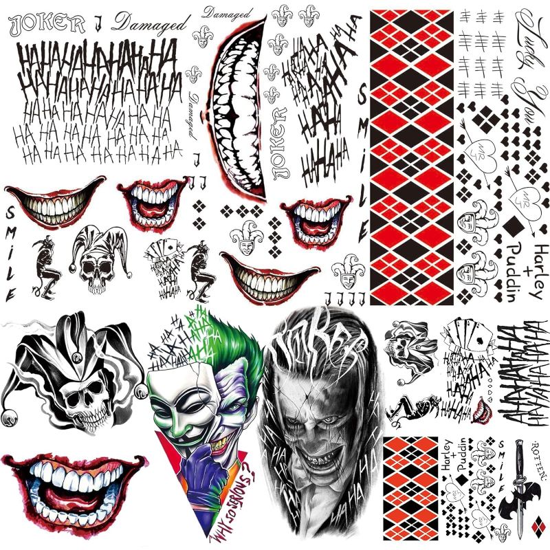 Photo 1 of 12 Sheets Large Size Halloween Joker Tattoos, 3 Sizes Halloween Temporary Tattoos Stickers HQ Tattoos Costume- Perfect for Halloween, Parties, Cosplay and Costumes (12 Sheets Joker Tattoos)
