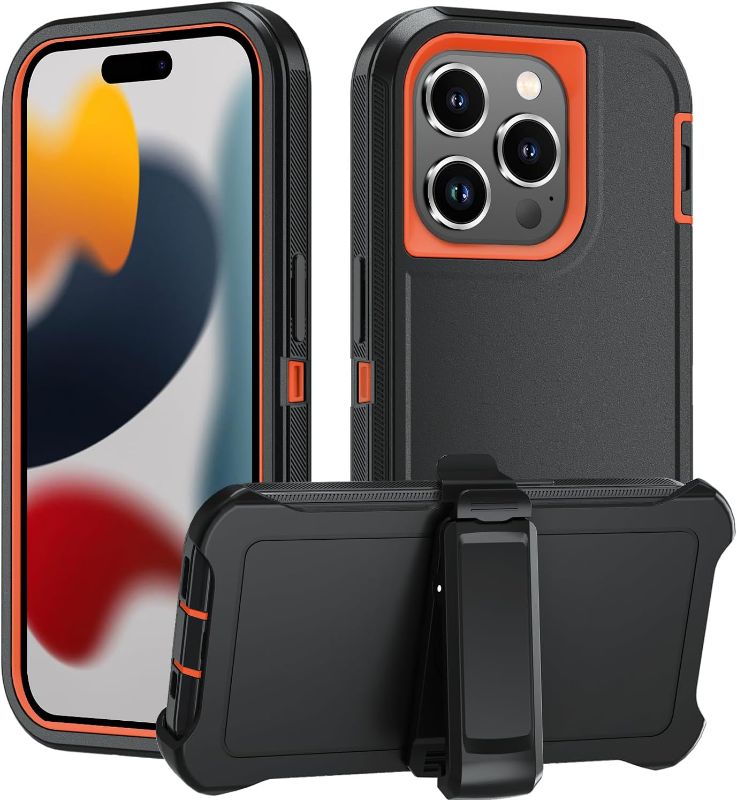 Photo 1 of idzayaki for iPhone 14 Case,with Belt Clip Holster[Dropproof], Heavy-Duty Tough Rugged Shockproof Protective Case Cover for iPhone 14 (Black Orange)
