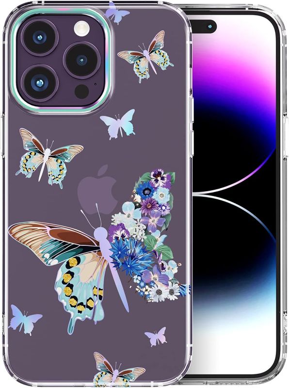 Photo 1 of MASOCAS Designed for iPhone 14 Pro Max Case 6.7 Inch Shockproof Protective TPU Bumper Floral Clear Women Flower Phone Cover (Laser/Butterfly)
