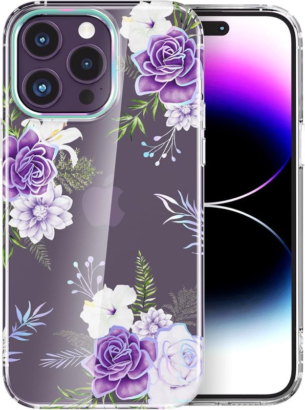 Photo 1 of MASOCAS Designed for iPhone 14 Pro Max Case 6.7 Inch Shockproof Protective TPU Bumper Floral Clear Women Flower Phone Cover (Purple/Rose)
