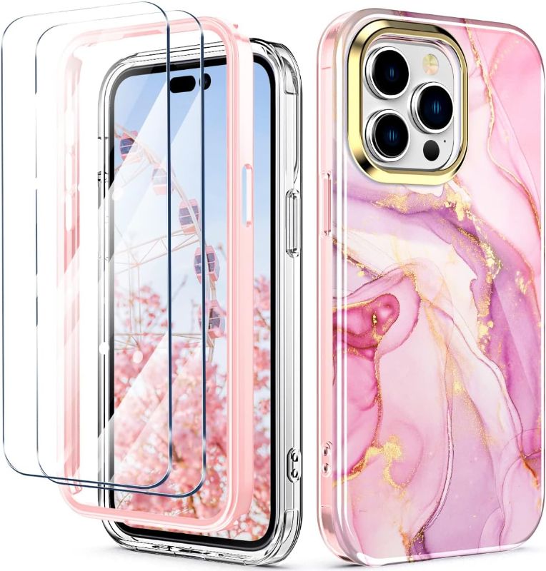 Photo 1 of Hocase for iPhone 14 Pro Max Case with Screen Protector, Shockproof Protection Slim Soft TPU PC Hybrid Full Body Protective Case for iPhone 14 Pro Max (6.7") 2022 - Pink Marble
