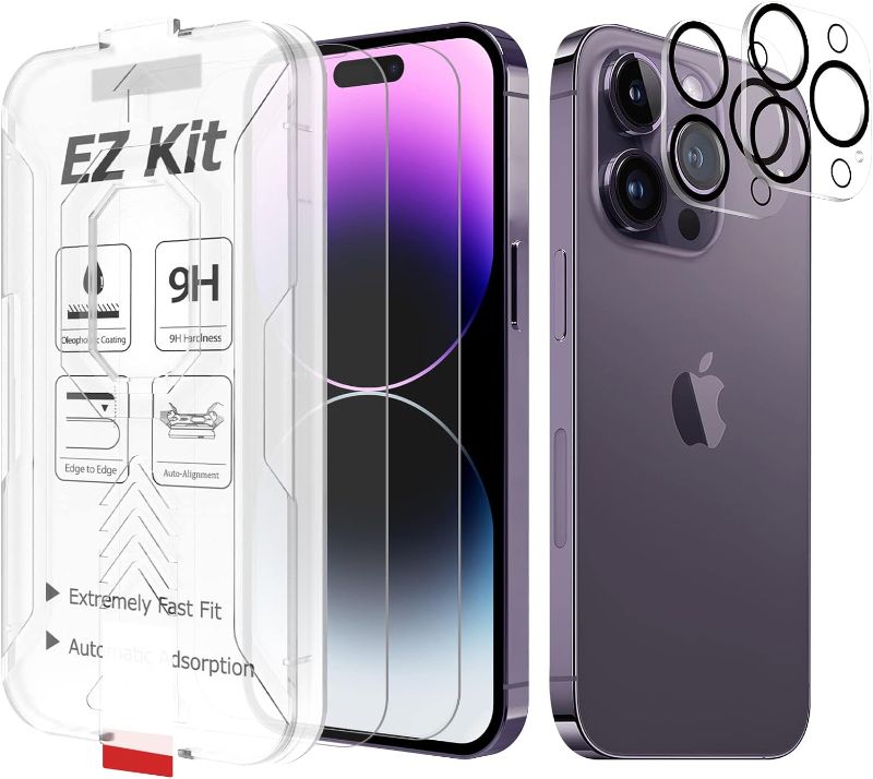 Photo 1 of Fabunor Tempered Glass Screen Protector Compatible with iPhone 14 Pro (6.1 inch, 2022) with Camera Lens Protector, [9H Hardness] [EZ Kit] [Automatic Alignment] [Compatible with Face ID] - 2+2 Pack
