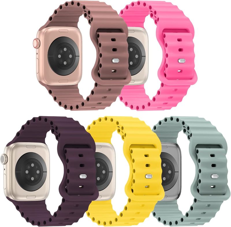 Photo 1 of 5 Pack Ocean Silicone Bands Compatible with Apple Watch Band 38mm 40mm 41mm 42mm 44mm 45mm 49mm, Sport Breathable Strap Adjustable Wristband for iWatch Ultra Series 8/7/SE/6/5/4/3/2/1 Women Men
