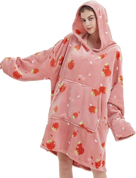 Photo 1 of ABENCA Wearable Blanket Hoodie Adult Oversized Sweatshirt Light Flannel Sherpa, Warm and Cozy, One Size Fits All.Strawberry
