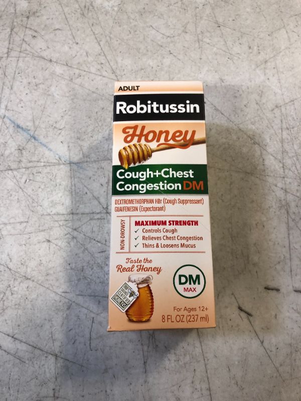 Photo 3 of Robitussin Maximum Strength Honey Cough + Chest Congestion DM, Cough Medicine for Cough and Chest Congestion Relief Made with Real Honey for Flavor - 8 Fl Oz Bottle 8 Fl Oz (Pack of 1) EXP 08/2025