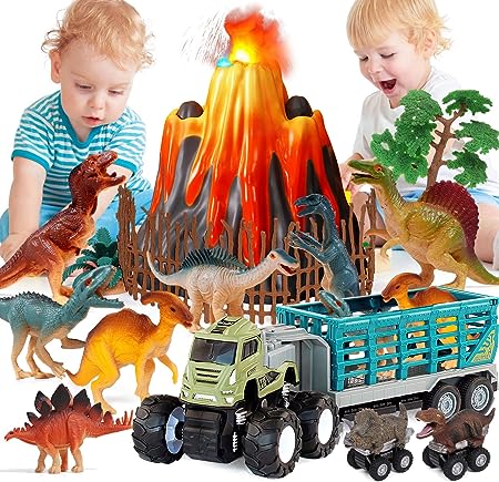 Photo 1 of Golray Dinosaur Toys for Kids 3-5 with Friction Truck, Pull Back Car Vehicle, 8 Dino Figures, Light Sound Spray Volcano Toy Dinosaur Playset Christmas Birthday Gifts for 4 5 6 7 Year Old Boys Toddlers
