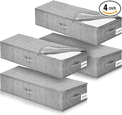 Photo 1 of 4 Pack Under Bed Storage with Lids Underbed Storage Containers Comforter Bags with Zipper Foldable Clothes Storage Drawer Organizer with 3 Handles Fabric Blanket Shoe Storage Box, 30 x 15.0 x 6.7 Inch
