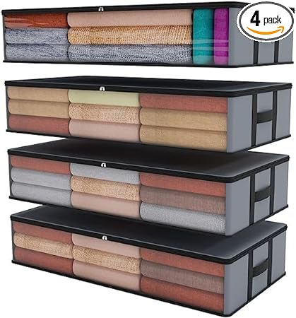 Photo 1 of izoi 100L Under Bed Fabric Storage Containers with Window & Handles - Foldable Underbed Organizer for Clothing, Comforter, Duvet, Wrapping Paper, Quilts, Linen, Shoes, Blankets, Beddings (Pack of 4)
