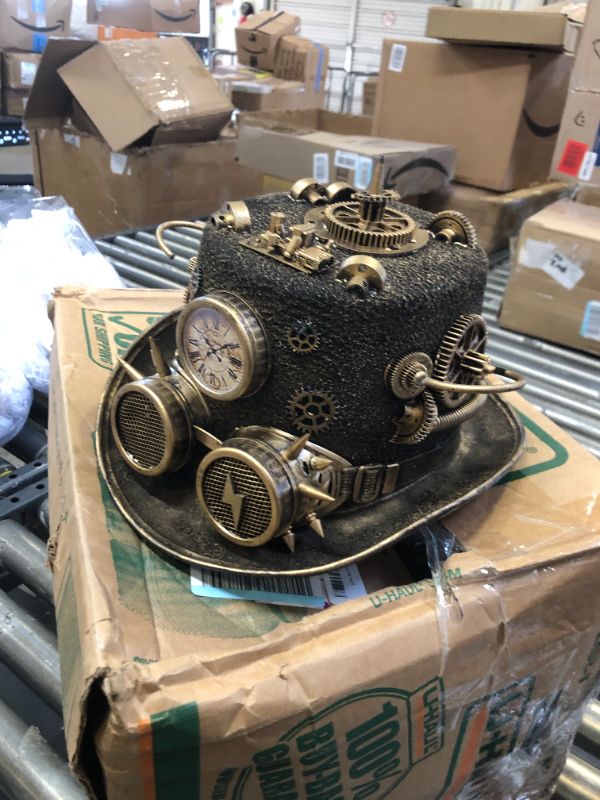 Photo 2 of Attitude Studio Time Traveler Gold Steampunk Top Hat with Goggles, Gears, Spikes
