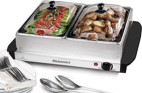 Photo 1 of Elite Gourmet EWM-6122 Dual 2 x 2.5 Qt. Trays, Buffet Server, Food Warmer Temperature Control, Clear Slotted Lids, Perfect for Parties, Entertaining & Holidays, 5 Qt Total, Stainless Steel
