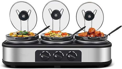 Photo 1 of Triple Slow Cooker with Lid Rests, Breakfast Buffet Servers and Warmers with 3 X 1.5Qt, Tempered glass lids & 3 Adjustable Temp, Dishwasher Safe, Stainless Steel

