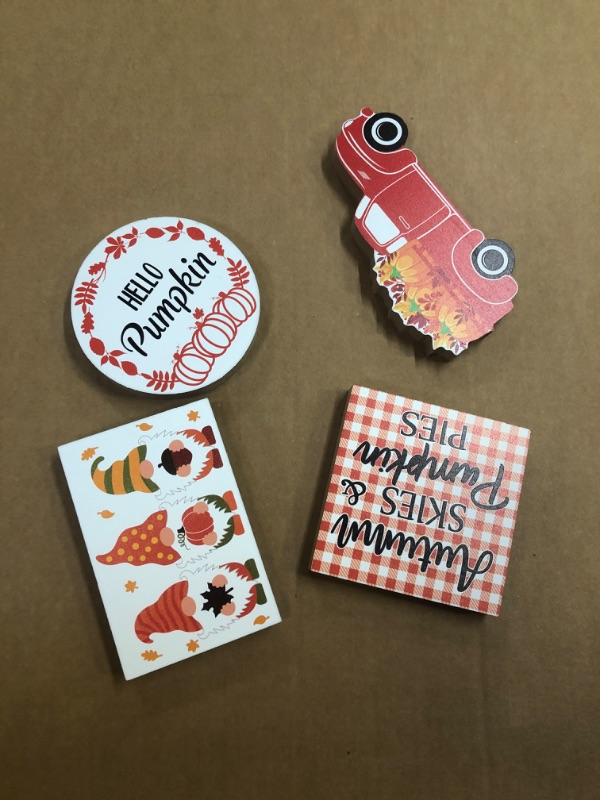 Photo 1 of 4 Pieces Fall Thanksgiving Tiered Tray Decor Fall Harvest Table Centerpieces Signs Thanksgiving Pumpkin Gnomes Decor Autumn Wooden Block Sign Fall Decoration for Home