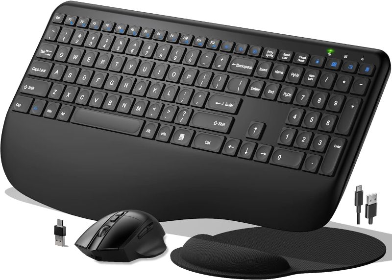 Photo 1 of Ergonomic Wireless Keyboard and Mouse, 2.4G Rechargeable Full Size Keyboard Mouse Set with Wrist Support Mouse Pad , Multi-Device, Windows/Mac/Android(Black)
