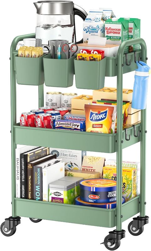 Photo 1 of 3 Tier Rolling Cart, YASONIC Metal Utility Cart, 66 Pounds Capacity, Mesh Storage Organizer Cart with Lockable Wheels & 3 Hanging Cups & 4Hooks, Easy Assembly, for Kitchen, Bathroom, Laundry, Grocery
