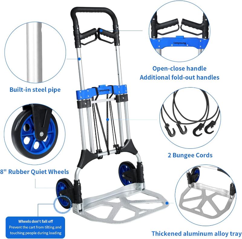 Photo 1 of Folding Hand Trucks Heavy Duty by Leeyoung,500 lb Aluminium Folding Hand Cart Dolly with 8 inch Wheels (incl 2 Bungee Cords)
