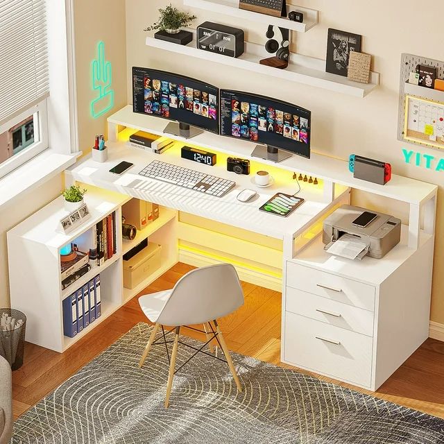 Photo 1 of 65" L Shaped Desk with Power Outlets and Monitor Stand , Computer Desk with LED Light &File Cabinet, Corner Desk with 3 Drawers & 4 Open Storage Shelves, White Modern Home Office Desk
