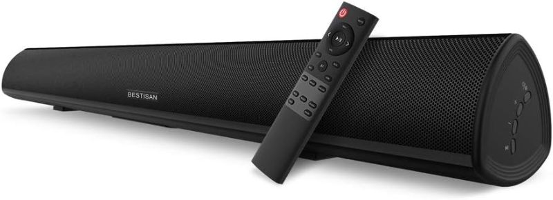 Photo 1 of Sound bar, BESTISAN Soundbar Wired and Wireless Bluetooth 5.0 HDMI-ARC Speaker for TV (28 Inches, HDMI-ARC Connection, Optical Cable Included, DSP, Bass Adjustable, Wall Mountable)
