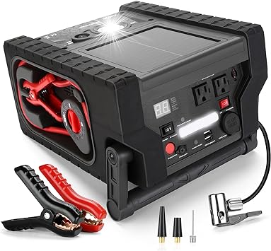 Photo 1 of ZunDian ZD-529 Solar Portable Power Station 2000 Amps Jump Starter, 260 PSI Air Compressor, 12V Car Battery Charger with 400W Inverter Dual AC/DC/USB Output, Emergency Backup Power with Flashlights
