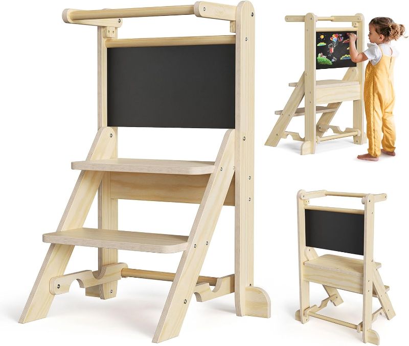 Photo 1 of Ixdregan Foldable Learning Tower - Toddler Tower with Safety Rail & Chalkboard, Anti-Slip Feet Toddler Stool Helper for Counter, Kitchen, Bathroom (Natural Basswood)
