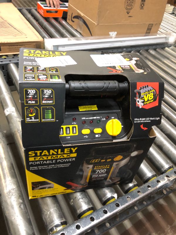 Photo 2 of STANLEY FATMAX J7CS Portable Power Station Jump Starter: 700 Peak/350 Instant Amps, 120 PSI Air Compressor, 3.1A USB Ports, Battery Clamps