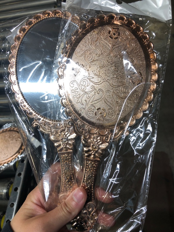 Photo 2 of 2 COUNT XPXKJ Hand Mirror Vintage Handheld Mirror with Handle Vanity Makeup Mirror Travel Mirrors (Oval, Rose Gold)
