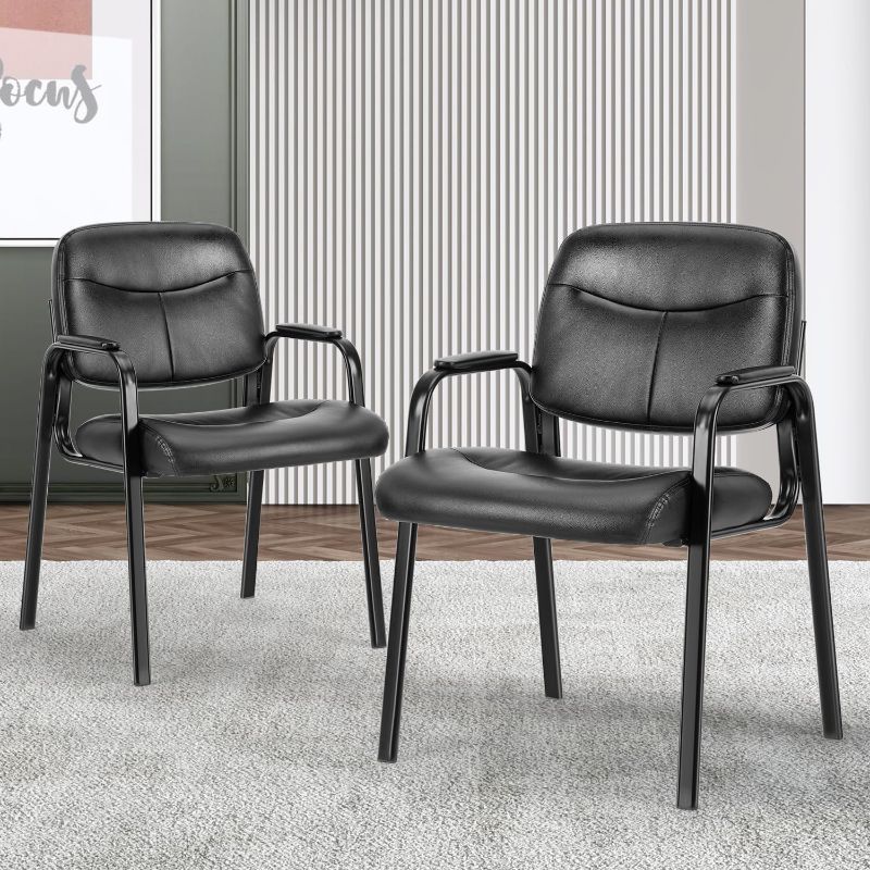 Photo 1 of NEWBULIG Waiting Room Guest Office Reception Chair No Wheels, Conference Furniture Set of 2 with PU Leather Cushion Armrest for Anteroom Restaurant Library Lobby, 2 Pack, Black