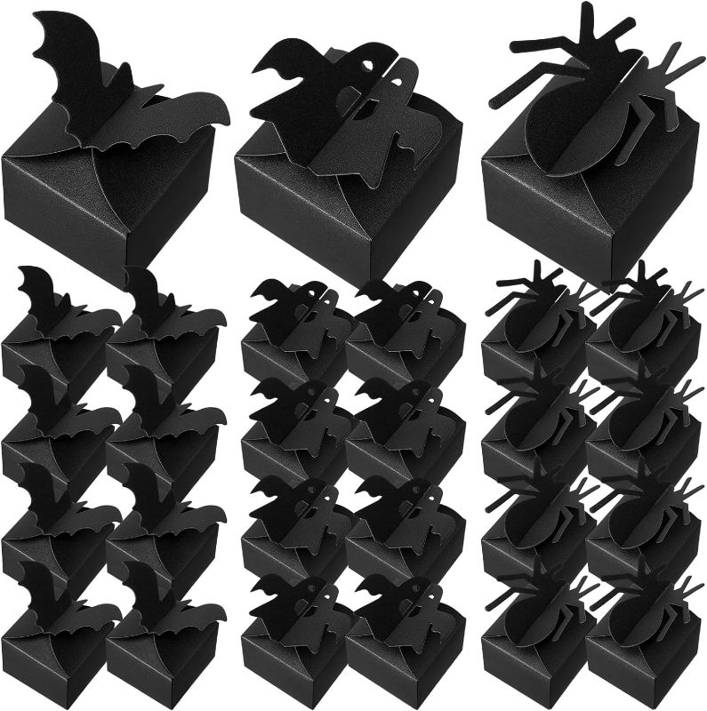 Photo 1 of Cholemy 60 Pcs Black Halloween Party Treat Boxes Bat Ghost Candy Cookies Gift Box Spider Black Party Favor Boxes Cardboard Halloween Candy Container for Party Supplies Decorations, 3 Styles
