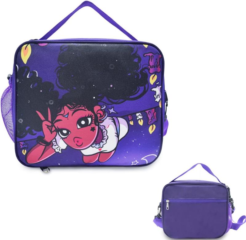 Photo 1 of Cute Insulated Kids Lunch Box Bag with Bottle Holder, Black Girls Lunch Bag Purple with Long Shoulder Strap Crossbody for Kids Teen Toddler Girls, Reusable Leakproof Meal Bag for School Picnic
