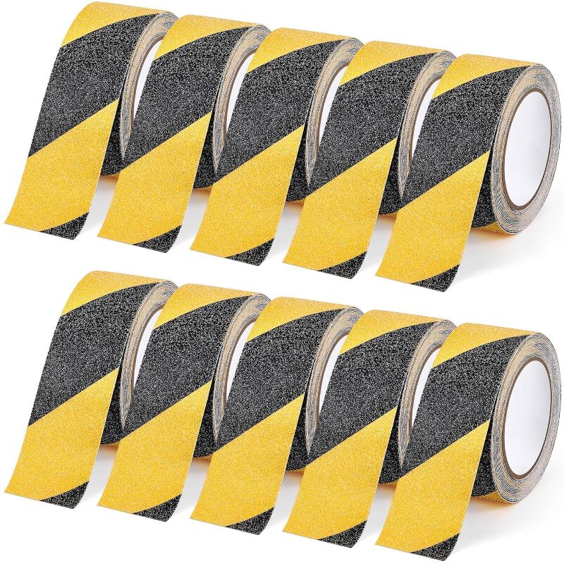 Photo 1 of 10 Pack Anti Slip Grip Tape 2 Inch x 16.4 Feet (Total 164 Feet) Safety Non Slip Traction Tape High Friction Abrasive for Stairs Adhesive Tape for Stairs Tread Step Indoor Outdoor Caution Black/Yellow