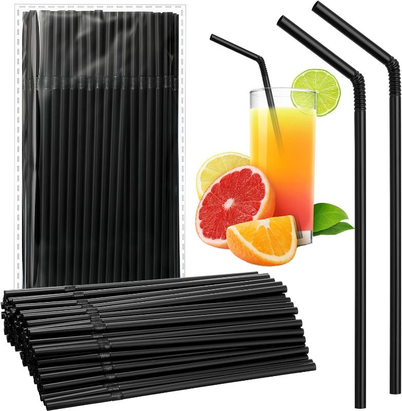 Photo 1 of 1000 Pcs Flexible Disposable Plastic Drinking Straws Bulk Plastic Long Flexible Straws (Black)