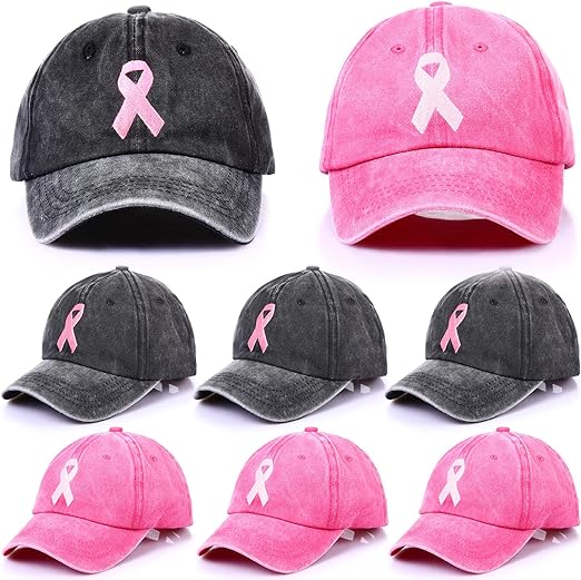 Photo 1 of  6 Pcs Breast Cancer Awareness Hat Vintage Cotton Adjustable Pink Ribbon Embroidered Baseball Cap Novelty Inspirational Beating Breast Cancer Gifts for Women Mom Accessories, Black and Rose Red