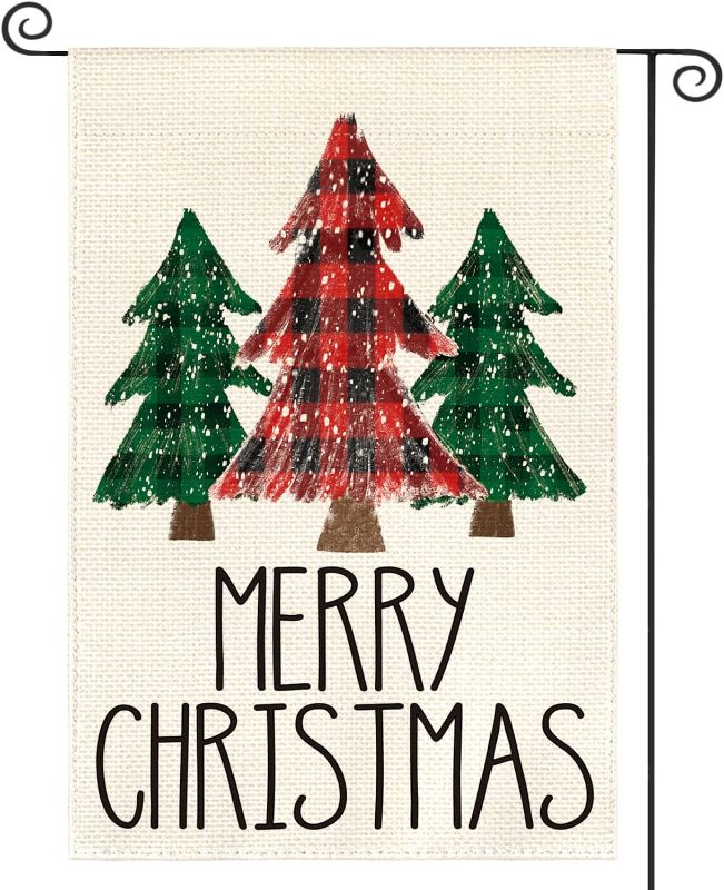 Photo 1 of colorlife Merry Christmas Garden Flag 12 x 18 Inch Double Sided Outside, Buffalo Plaid Christmas Tree Holiday Yard Outdoor Decorative Flag  SEE 3ND PHOTO FOR DESIGN