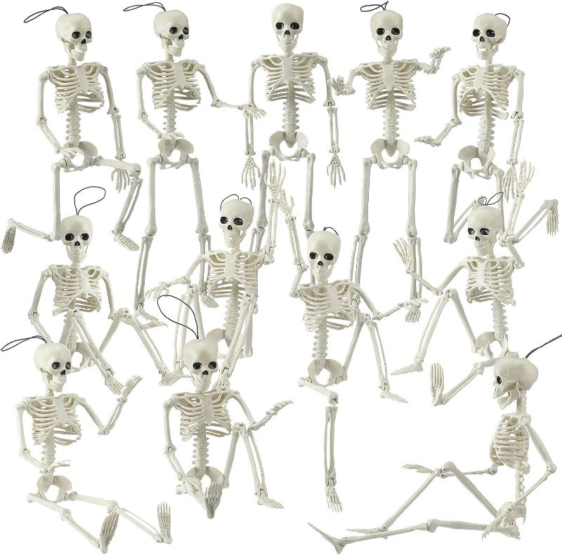 Photo 1 of Geetery 12 Pcs 16” Posable Halloween Skeleton Decoration Full Body Halloween Hanging Skeleton with Movable Joints Plastic Skeleton for Halloween Graveyard Haunted House Decor