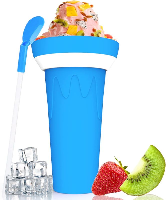 Photo 1 of  Slushy Cup Slushie Maker Cup Slushie Cup Maker Squeeze Cool Stuff Double Layer Silicone Slush Cup 16.9 Ounce Summer Cooling Cup with Straw and Spoon Light Blue