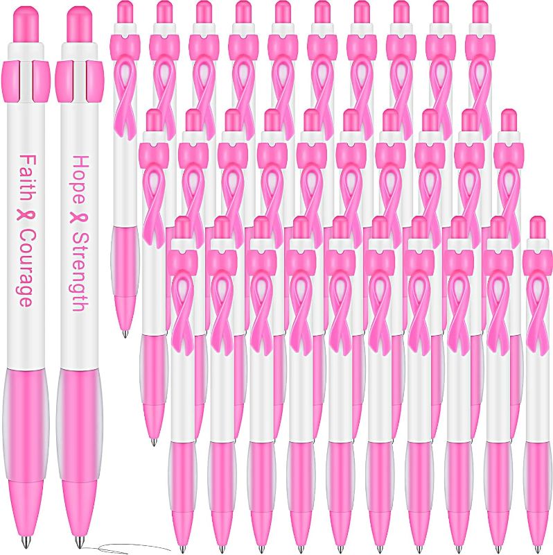 Photo 1 of 100 Pcs Pink Ribbon Retractable Pens Pink Retractable Gel Ballpoint Breast Cancer Awareness Pens with Rubber Grip Black Ink Office Supplies for Women Girls Gift