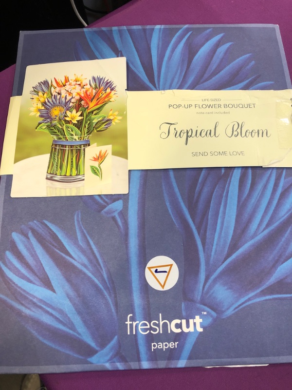 Photo 2 of Freshcut Paper Pop Up Cards, Tropical Bloom, 12 inch Life Sized Forever Flower Bouquet 3D Popup Greeting Cards with Note Card and Envelope - Birds of Paradise & Lotus Blossom Flowers