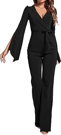 Photo 1 of LYANER Women's Split Long Sleeve Wrap Deep V Neck Tie Waist Jumpsuit Long Pants Romper SIZE X-LARGE