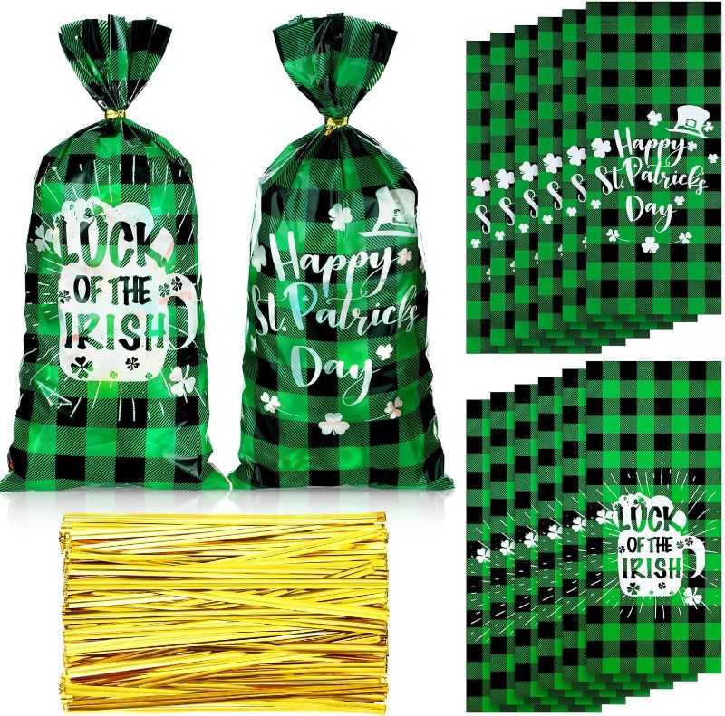 Photo 1 of 100 Pieces St. Patrick's Day Cellophane Treat Bags Plastic Irish Lucky Shamrock Candy Bags Green Buffalo Plaid Clover Goodie Bags with 200 Twist Ties for Saint Patrick's Day Party Favor Accessories 4 PACK BUNDLE