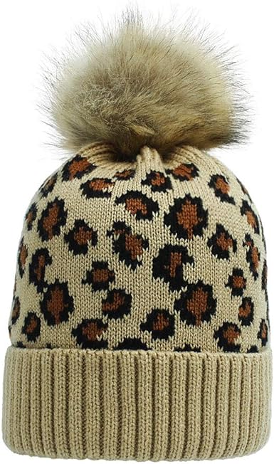 Photo 1 of  Soft Warm Beanie-Hat with Leopard Print Pattern and Fur Pom for Women