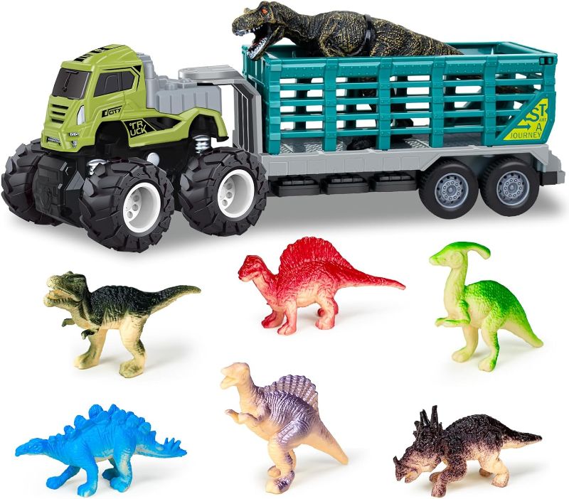 Photo 1 of Dinosaur Truck Toys for Kids 3-5-7,Transport Car Carrier Truck Toys with 7 Dinosaur Figures,Monster Truck Dinosaur Car Toys for Kids Boys 3 4 5 6 7+ Years Old Birthday Christmas Party Gifts